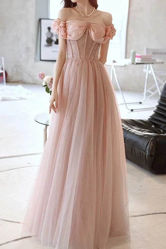Vestido de Baile de Princesa Rosa em Tule com Contas, Decote Ombro a Ombro, Vestido de Noite Y7584