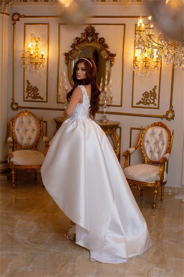 Bmbridal Satin Hi Lo Wedding Dress With Lace Appliques