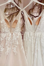 Elegant Backless Long A Line V Neck Wedding Dress With Tulle Lace
