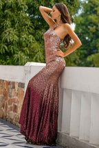 Sparkly Pink Sequins Halter Mermaid Long Prom Dress