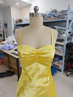 Vestidos de fiesta largos de satén con tirantes finos, línea en A, corsé plisado, para damas de honor, vestido formal con abertura