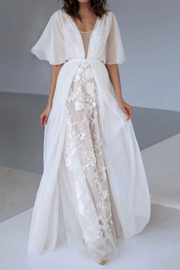 Boho V Neck Chiffon A Line Lace Wedding Dress Belt