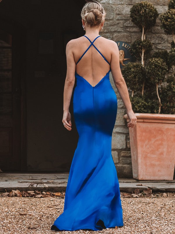 Abito da sera sirena senza schienale con spalline sottili a spaghetto e scollo a V Regal Sapphire