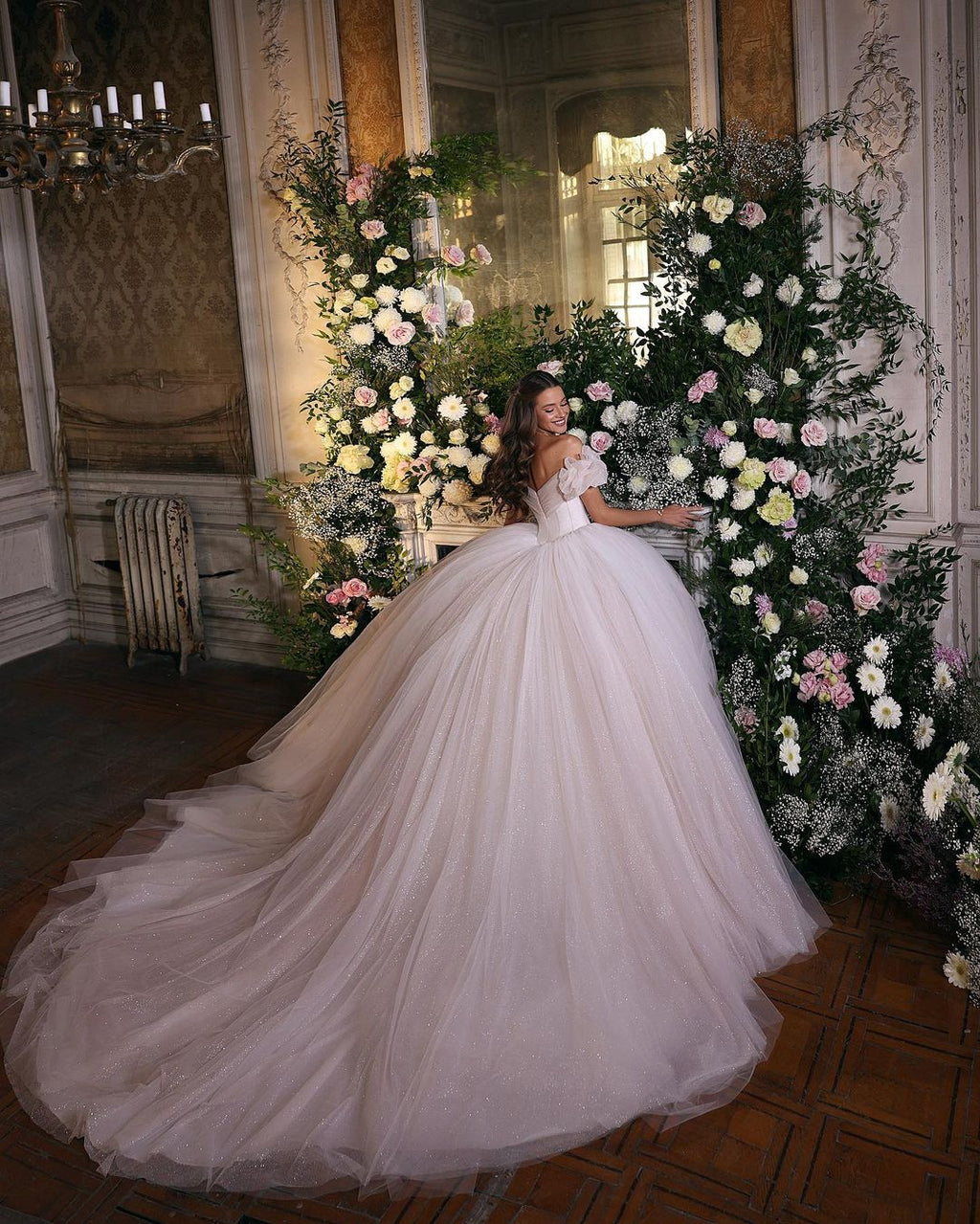 BMbridal Off The Shoulder Ball Gown Tulle Wedding Dress With Shining Sequins