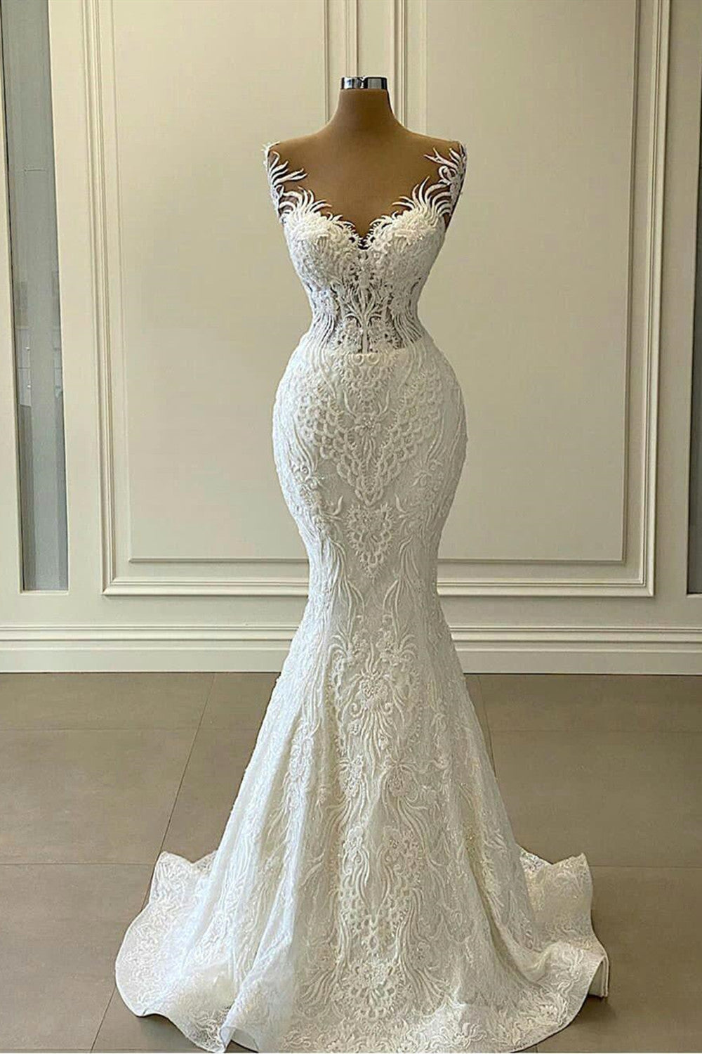 Lace Mermaid Wedding Dress With Appliques And Detachable Train