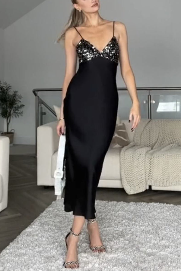 Abito Midi in Satin Trapuntato con Paillettes e Scollo a Fascia Elasticizzato