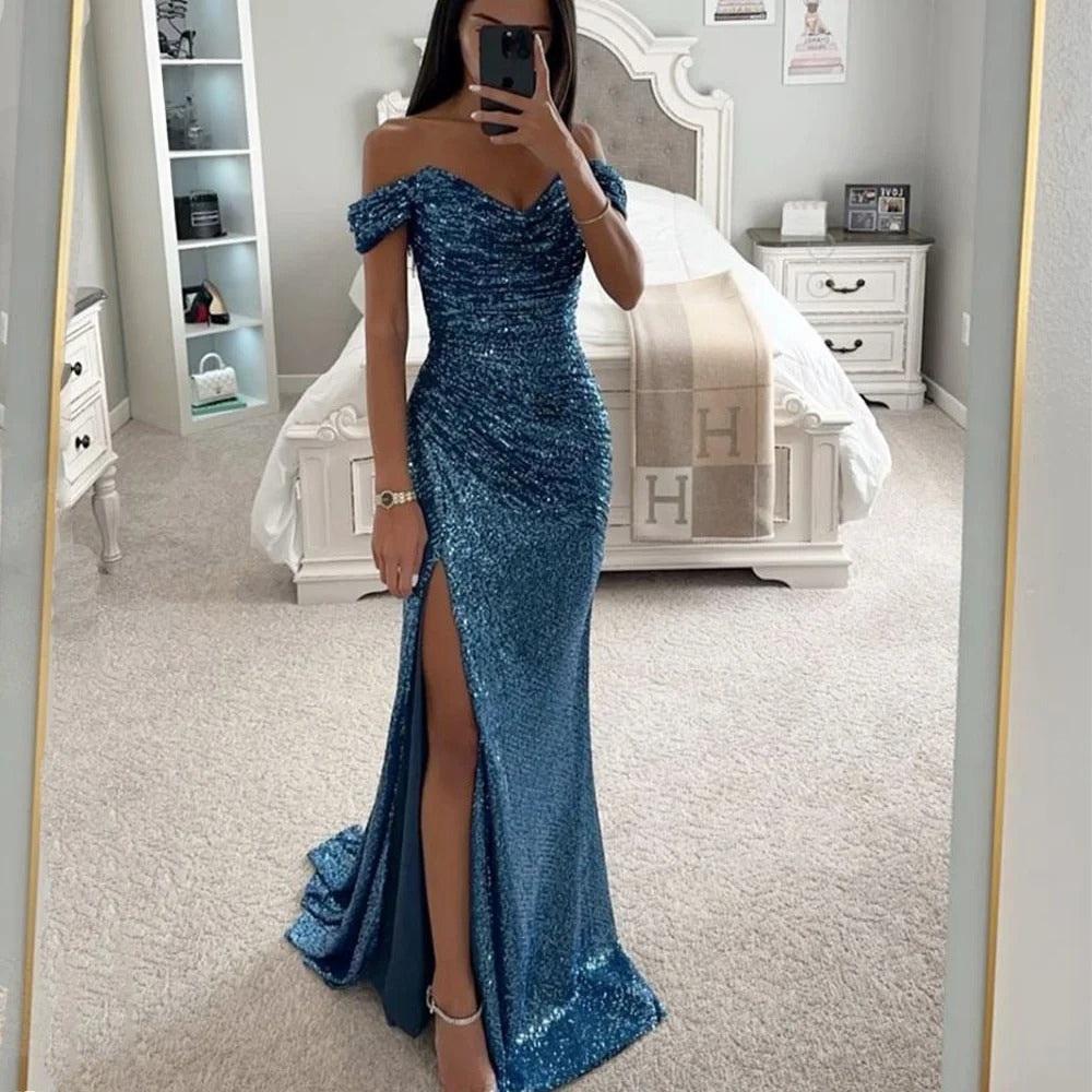 Mulheres sereia maxi vestidos de noite 2026 elegante fora do ombro lantejoulas divisão formal cintura alta vestidos de baile para festa personalizado