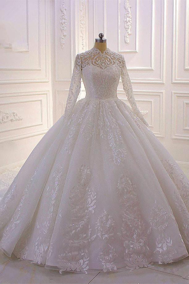 Simple Ball Gown Wedding Dress With Ruffles High Neck Applique Lace Long Sleeves