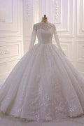 Simple Ball Gown Wedding Dress With Ruffles High Neck Applique Lace Long Sleeves