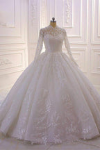 Simple Ball Gown Wedding Dress With Ruffles High Neck Applique Lace Long Sleeves
