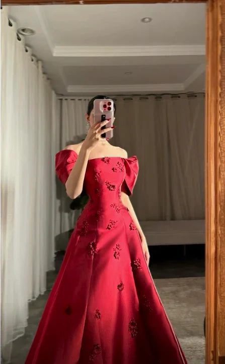 Vestido de noche burdeos elegante con flores tridimensionales y escote barco, línea A, vestido de gala Y7637
