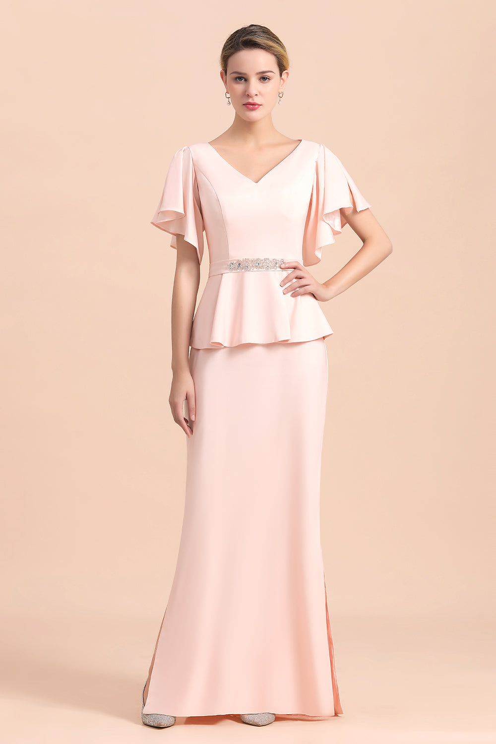 BMbridal Glamorous V-Neck Front Slit Mother of Bride Dresses with Beadings Sash
