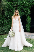 Chic V Neck A Line Straps Wedding Dress With Floral Beads