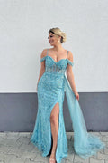 Robe de bal sirène bleu saphir à épaules dénudées avec volants et perles scintillantes