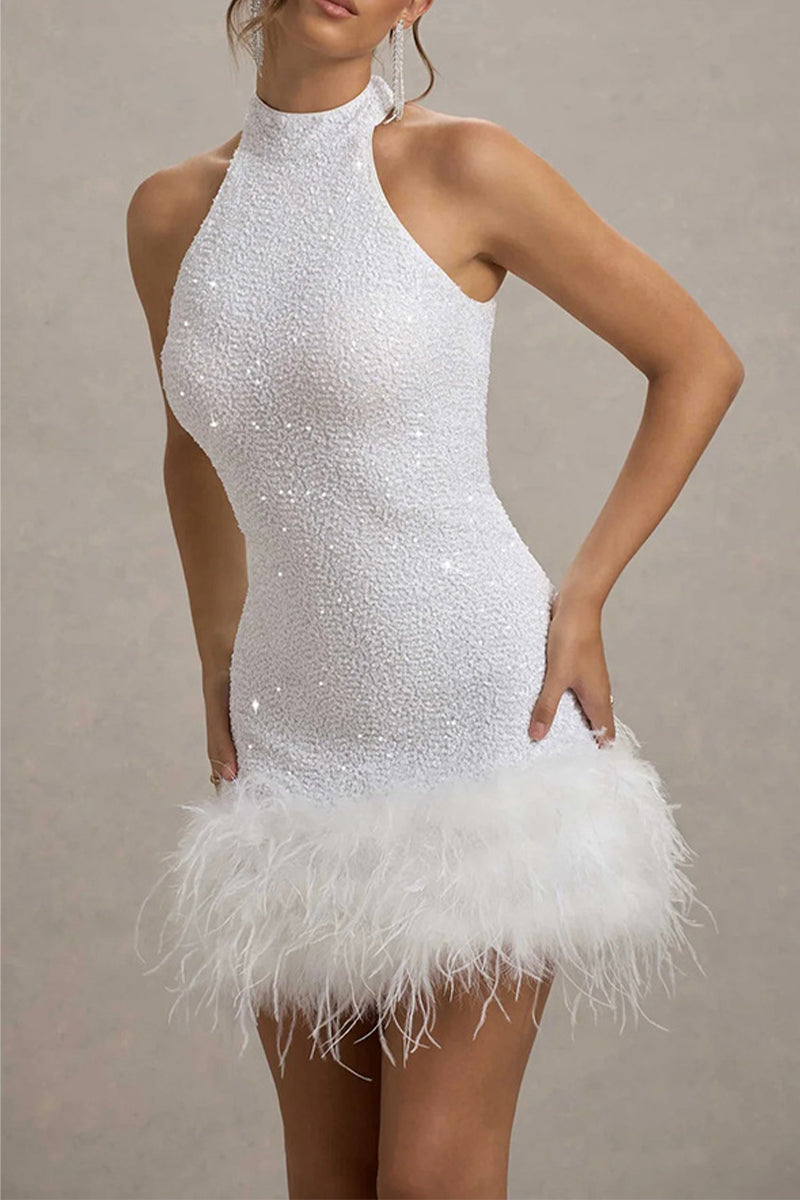 Sexy Party Pailletten Reißverschluss Feder Saum Neckholder Abendkleider 
