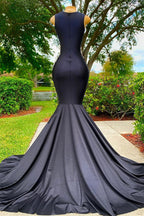 Black Long Sleeveless Strapless Satin Lace Appliques Mermaid Prom Dress
