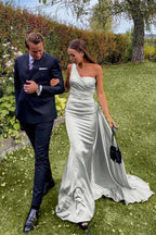 Custom One Shoulder Sleeveless Dark Green Pleated Long Prom Dress