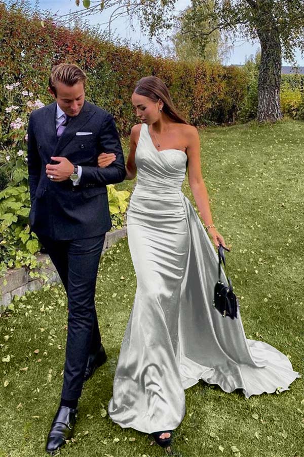 Custom One Shoulder Sleeveless Dark Green Pleated Long Prom Dress