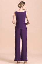BMbridal Affordable Straps Beading Grape Chiffon Mother of Bride Jumpsuit Online with Wrap