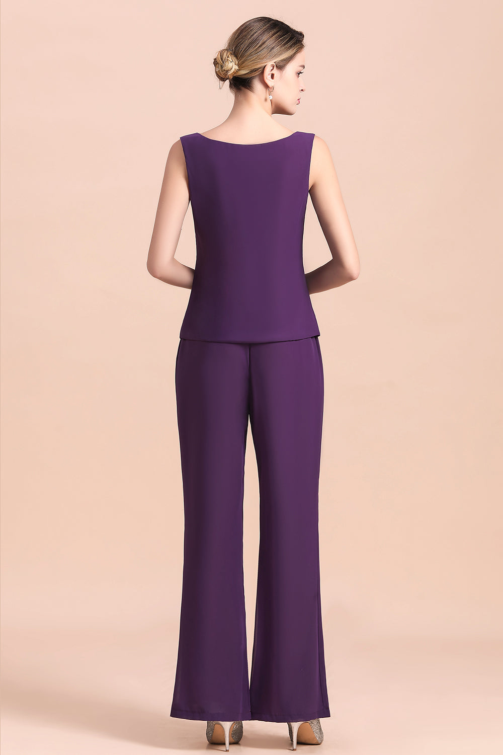BMbridal Affordable Straps Beading Grape Chiffon Mother of Bride Jumpsuit Online with Wrap