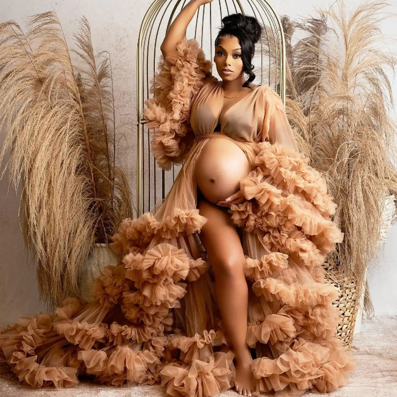 Robe de bal sexy à col en V, volantée à l'avant avec fente, manches Tauze, tenue de maternité à volants pour photographie de grossesse