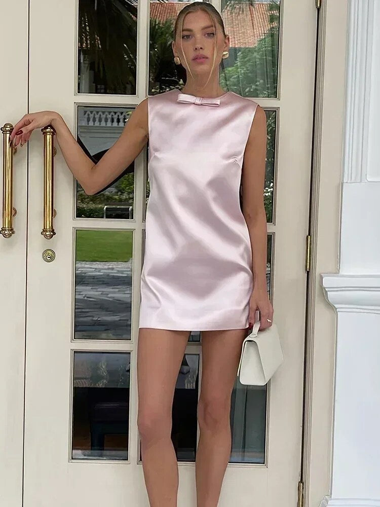 Taruxy cetim mini vestido para mulheres sexy sem costas arco roupas sem mangas vestidos de tanque femme 2023 festa elegante vestido de noite mulher