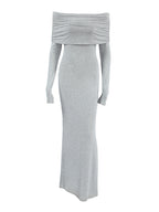 Vestidos de Noite Maxi Decote Ombro a Fora Manga Comprida Justos Pregueados Cor Liso Articulação Dividida