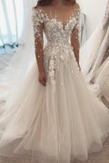 Beautiful Sweetheart Long Sleeve Tulle A Line Wedding Dress With Appliques Lace