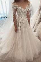 Beautiful Sweetheart Long Sleeve Tulle A Line Wedding Dress With Appliques Lace