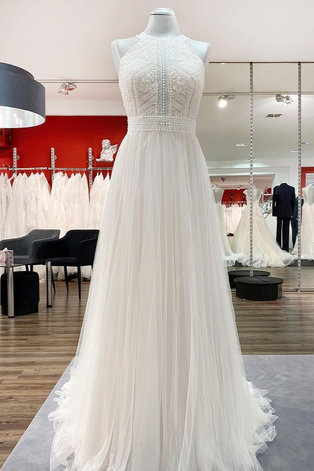 Vintage Long Halter Backless A Line Wedding Dress With Lace And Tulle