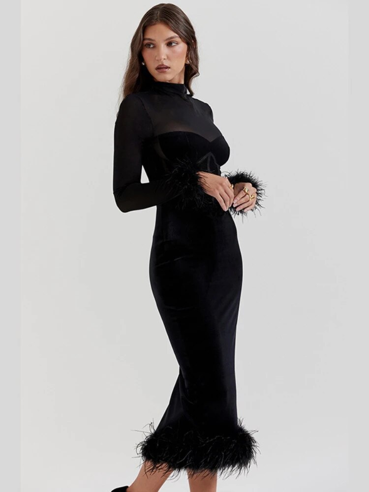 Robe Maxi Femme en Maille TARUXY à Empiècement, Taille Haute, Coupe Slim, Plumet, Élégante, Rétro, pour Soirée ou Fête