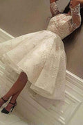Short A Line Jewel Sleeves Wedding Dress With Tulle Lace