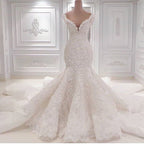 Unique Ruffles Floor Length Mermaid V Neck Wedding Dress With Appliques Lace