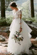 Classic Lace Floor Length Long Sleeve Sheer Tulle A Line Wedding Dress