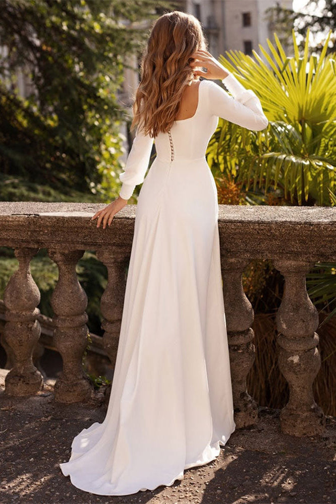 Square Neckline A Line Long Sleeve Wedding Dress For Elegant Bridal