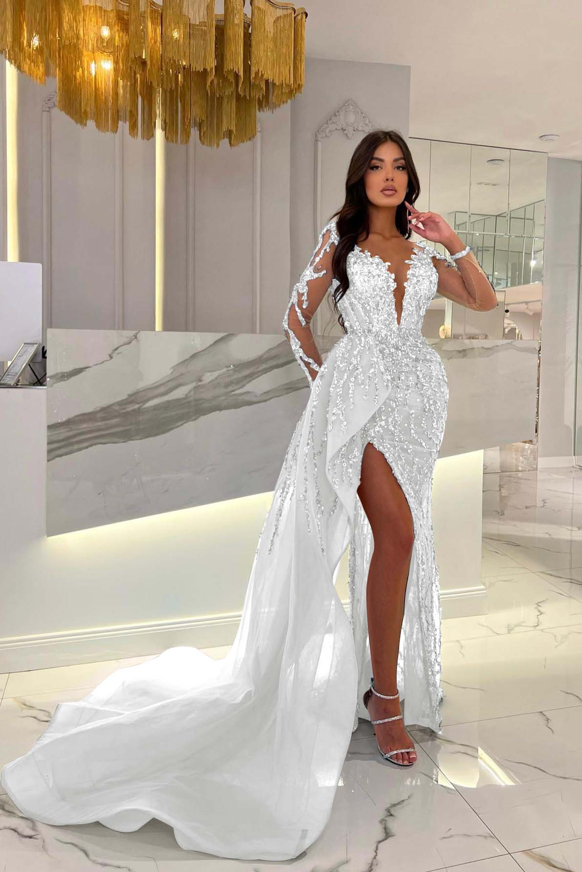 Shiny Blue Split Long Sleeves Mermaid Beaded Prom Dress With Appliques Tulle