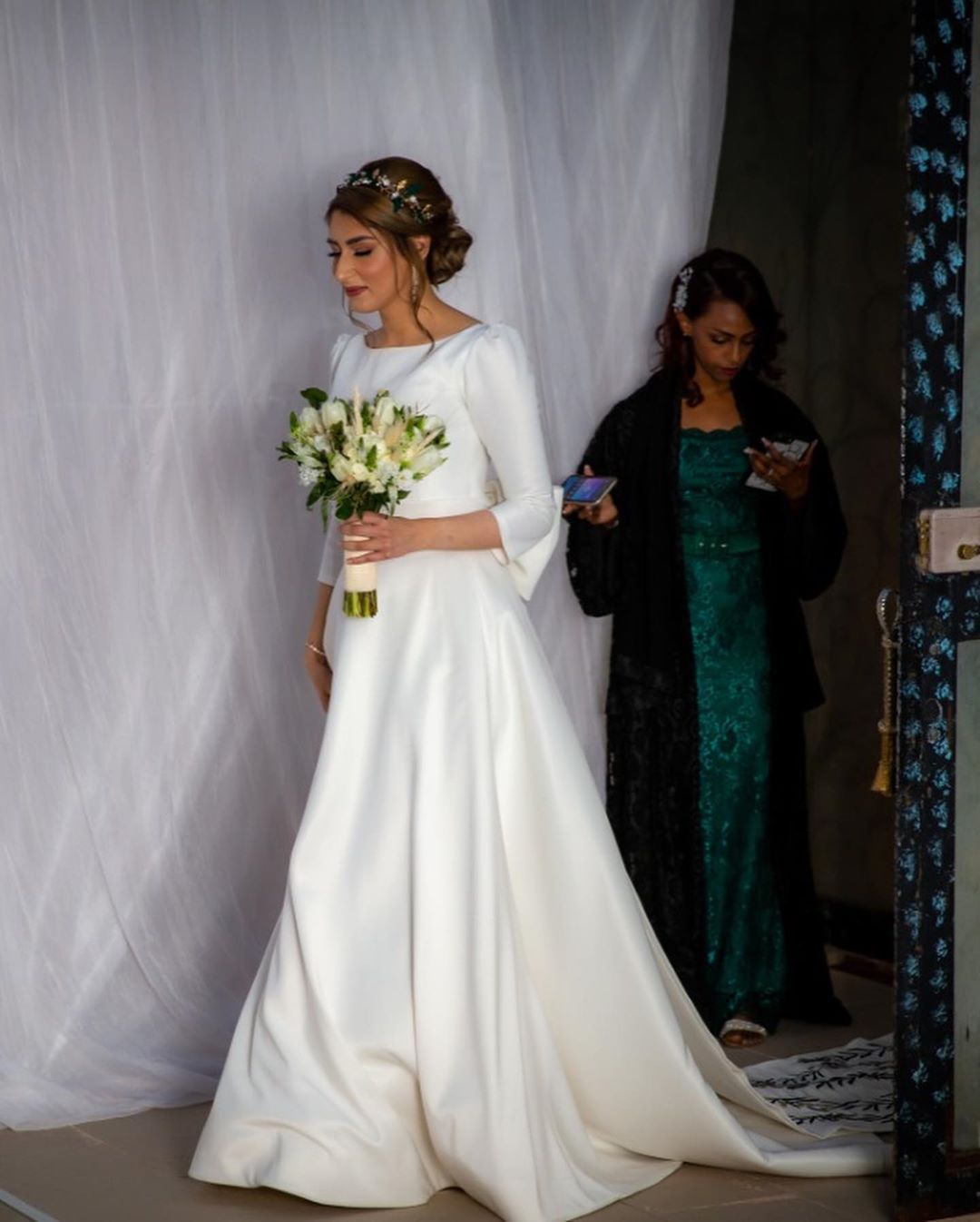 Classic Satin Long A Line Bateau Wedding Dress With Sleeves