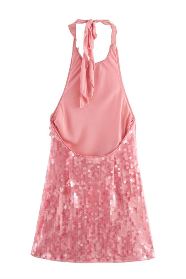 Robe Mini Dos Nu à Bretelles avec Paillettes Disque Rose Sensuelle