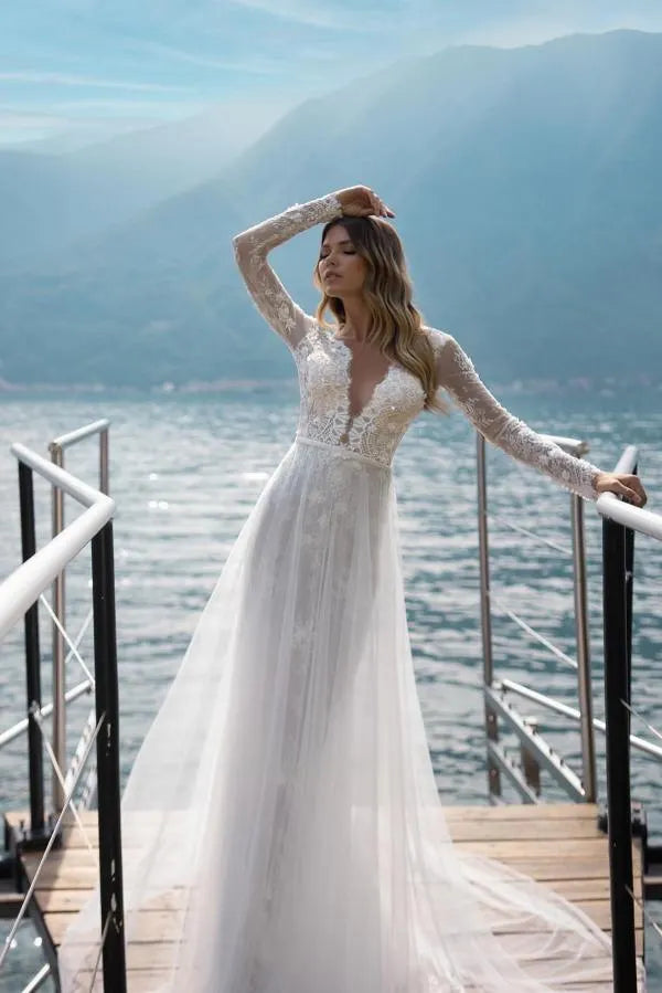 Classic Lace Backless Boho V Neck A Line Wedding Dress With Long Sleeves