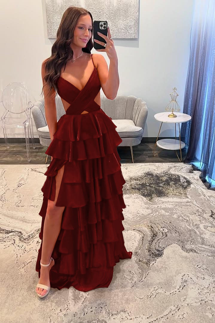 Spaghetti Strap Sleeveless Prom Dress With Ruffles And Long Split