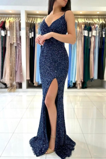 Dark Blue Long Glitter Spaghetti Straps V-neck Evening Dresses With Slit