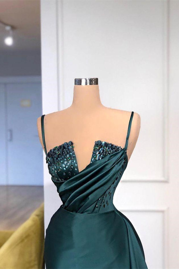 Dark Green Spaghetti-Straps Mermaid Prom Dress Beading Long Party Gowns