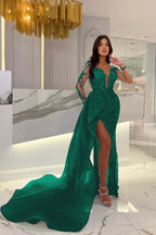 Shiny Blue Split Long Sleeves Mermaid Beaded Prom Dress With Appliques Tulle