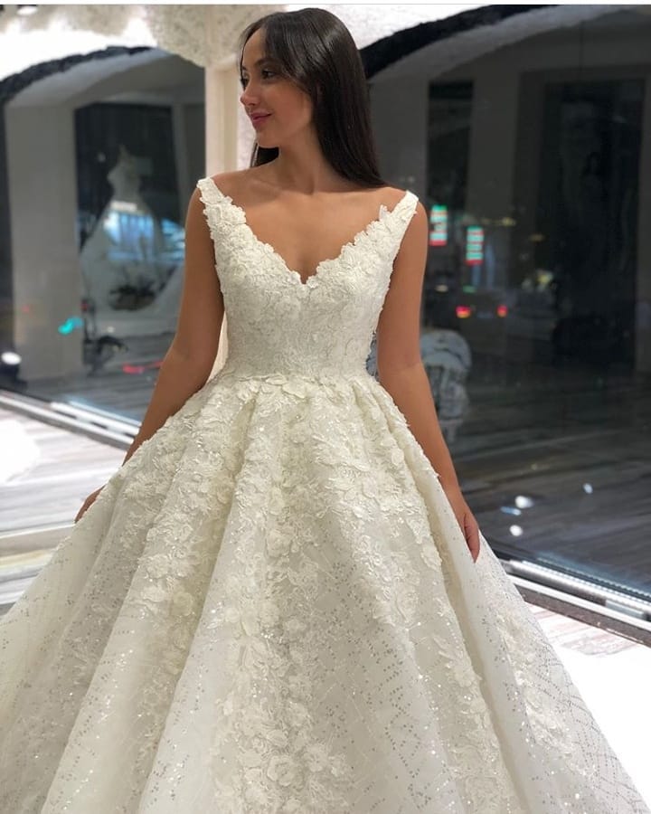 Gorgeous Floor Length A Line Sequined Deep V Neck Wedding Dress Appliques Lace