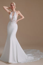 Charming Backless Long Mermaid Halter Satin Wedding Dresses With Lace Appliques