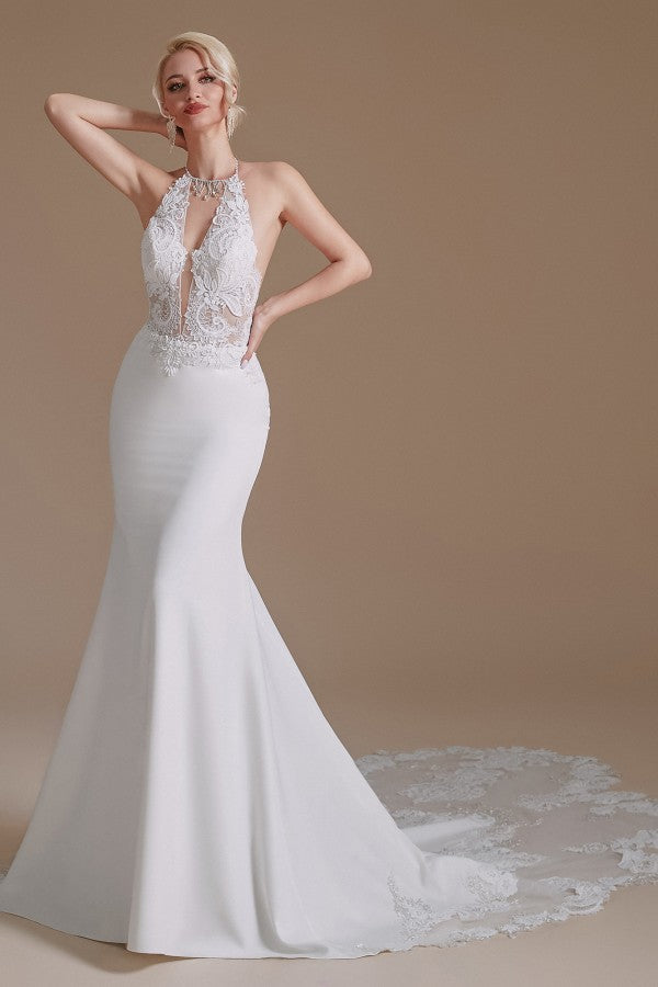 Charming Backless Long Mermaid Halter Satin Wedding Dresses With Lace Appliques