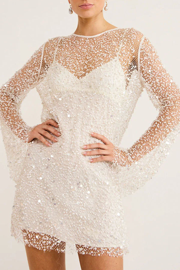 Robe courte en tissu à paillettes et perles scintillantes avec jupon séparé