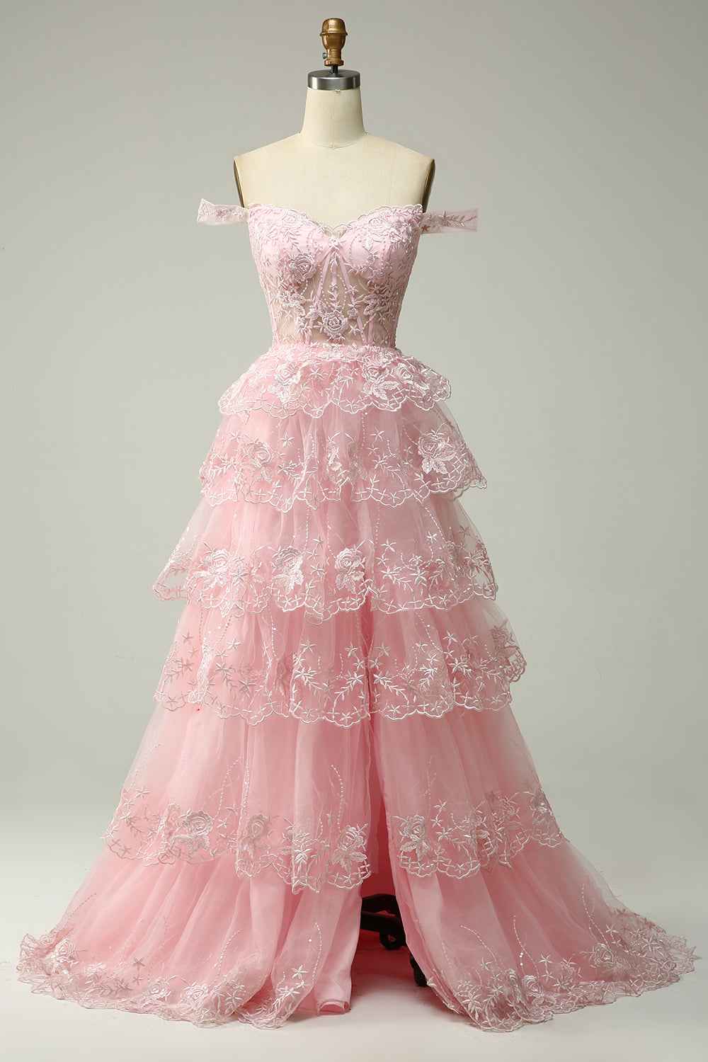 Fuchsia Princess Off the Shoulder Long Tiered Corset Prom Dress with Sequins