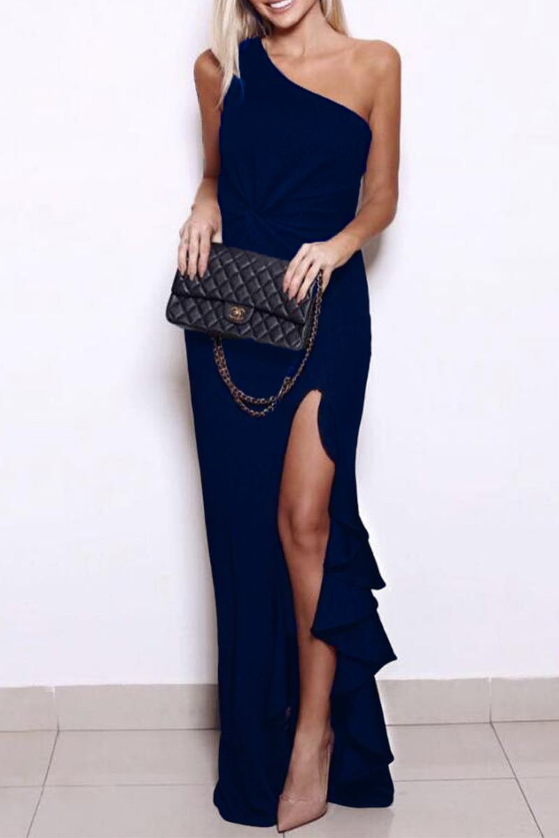 Robe de soirée élégante à une épaule avec fente et volants solides (8 couleurs)