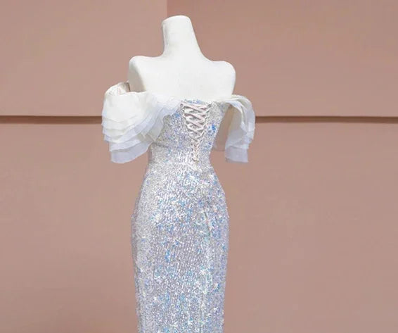 Vestido de Festa Formal Prateado de Lantejoulas com Contas de Sereia Luxuoso Y7614